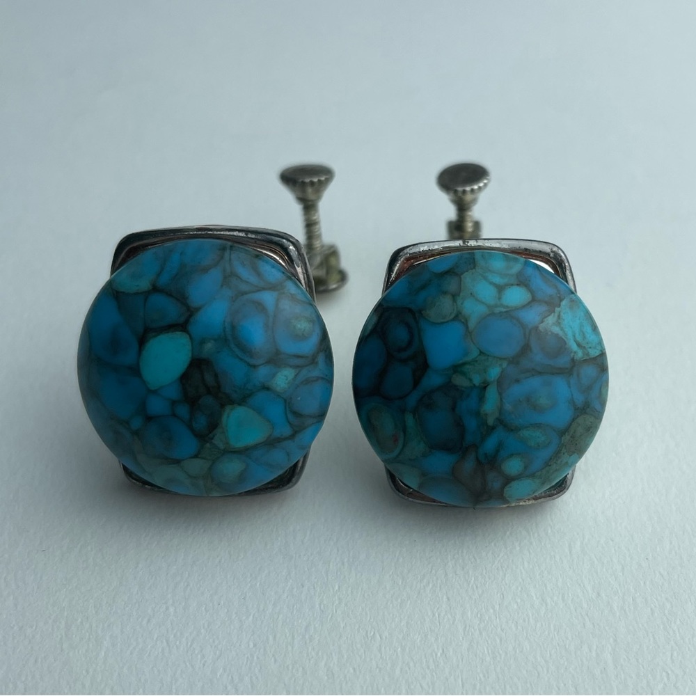 Vintage Napier Signed Turquoise colored Silver Tone Screw Back Earrings